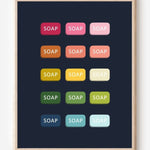 Graphic art print of bars of soap in rainbow hues arranged in neat rows on navy background.