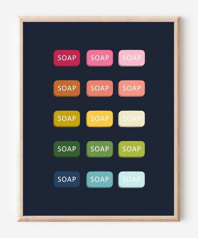 Graphic art print of bars of soap in rainbow hues arranged in neat rows on navy background.