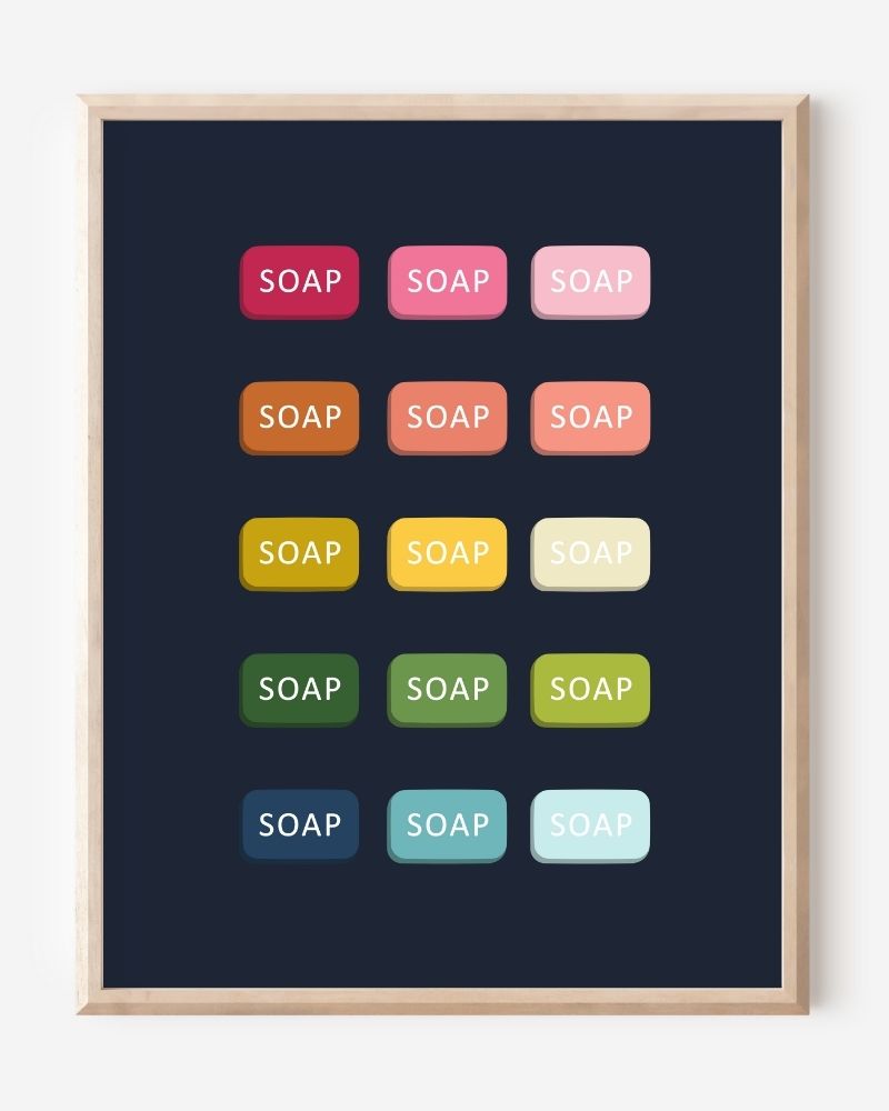Graphic art print of bars of soap in rainbow hues arranged in neat rows on navy background.