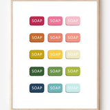 Graphic art print of bars of soap in rainbow hues arranged in neat rows on white background.