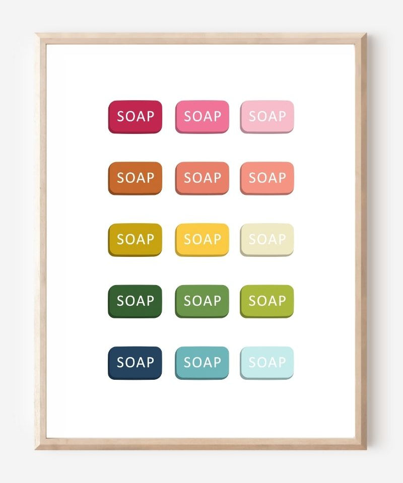 Graphic art print of bars of soap in rainbow hues arranged in neat rows on white background.