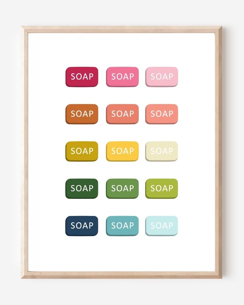 Graphic art print of bars of soap in rainbow hues arranged in neat rows on white background.