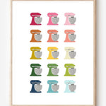 Graphic kitchen art print of colorful stand mixers in rainbow hues on white background.