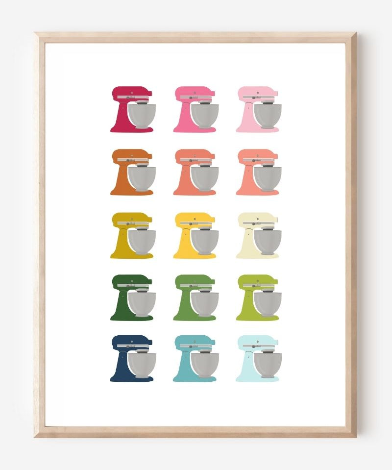 Graphic kitchen art print of colorful stand mixers in rainbow hues on white background.