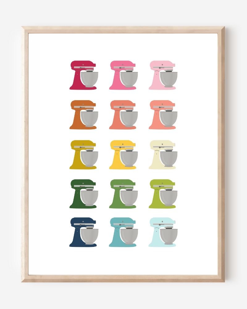 Graphic kitchen art print of colorful stand mixers in rainbow hues on white background.