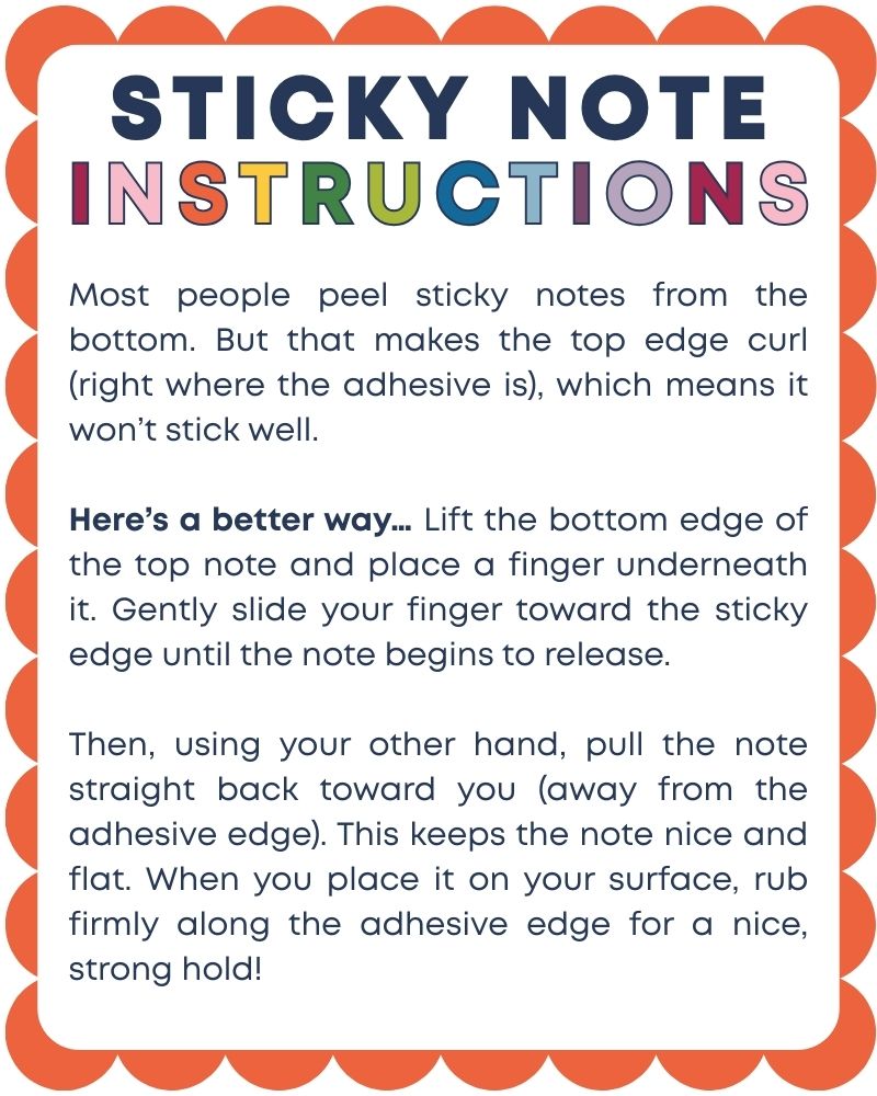 written instructions for colorful scalloped sticky notes from Kaleidoscope Living
