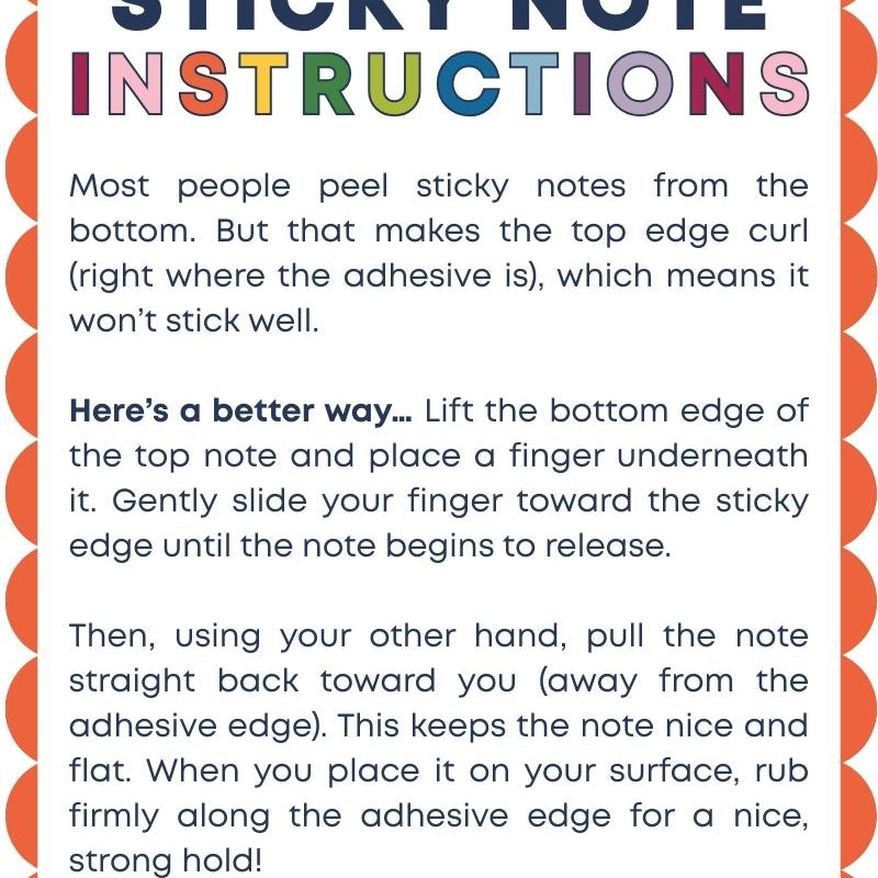 written instructions for colorful scalloped sticky notes from Kaleidoscope Living