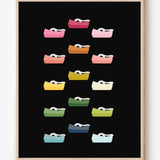 Graphic wall art print featuring colorful tape dispensers in rows on a black background.