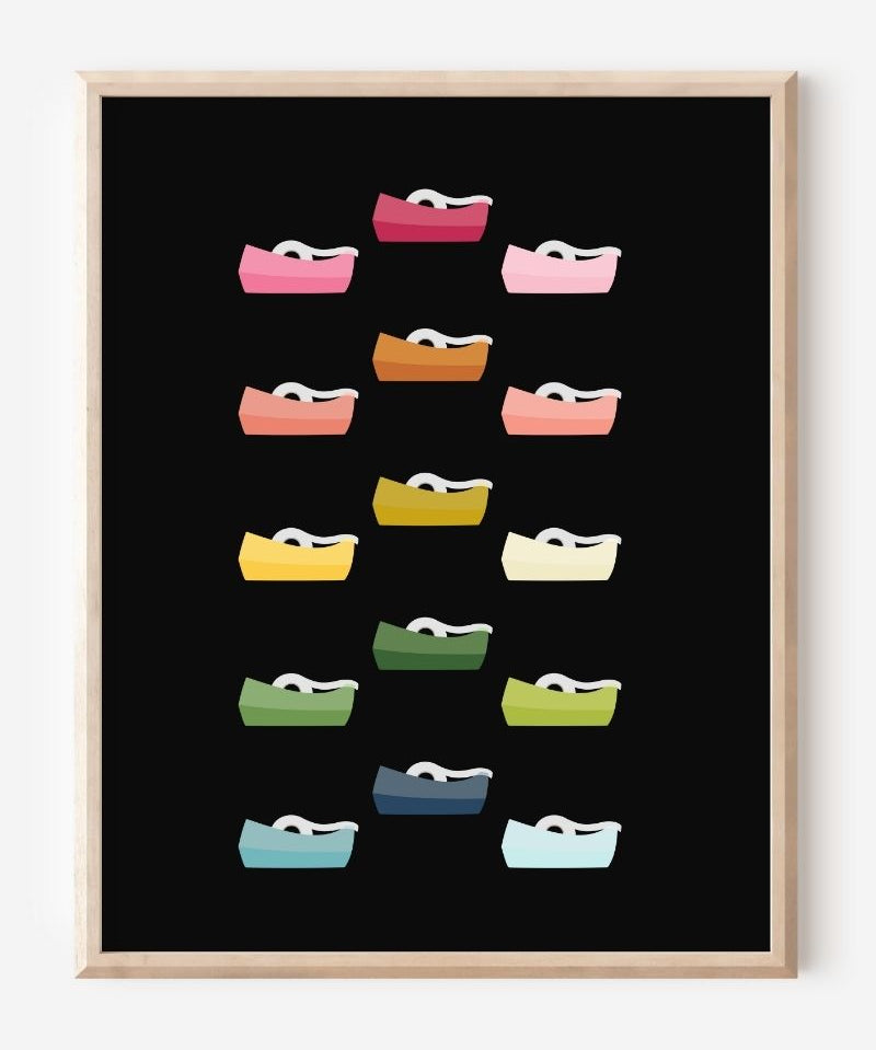 Graphic wall art print featuring colorful tape dispensers in rows on a black background.
