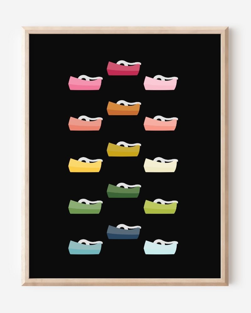 Graphic wall art print featuring colorful tape dispensers in rows on a black background.
