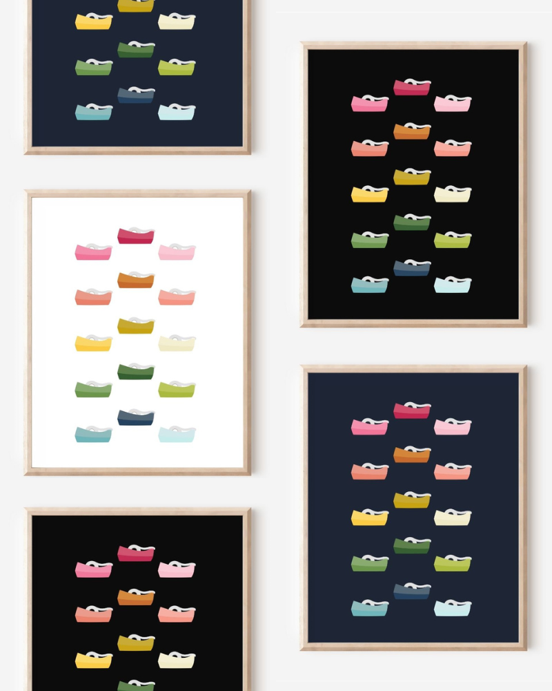 Framed art prints featuring minimalist illustrations of Tape Dispensers in rainbow hues on black, navy blue and white backgrounds.