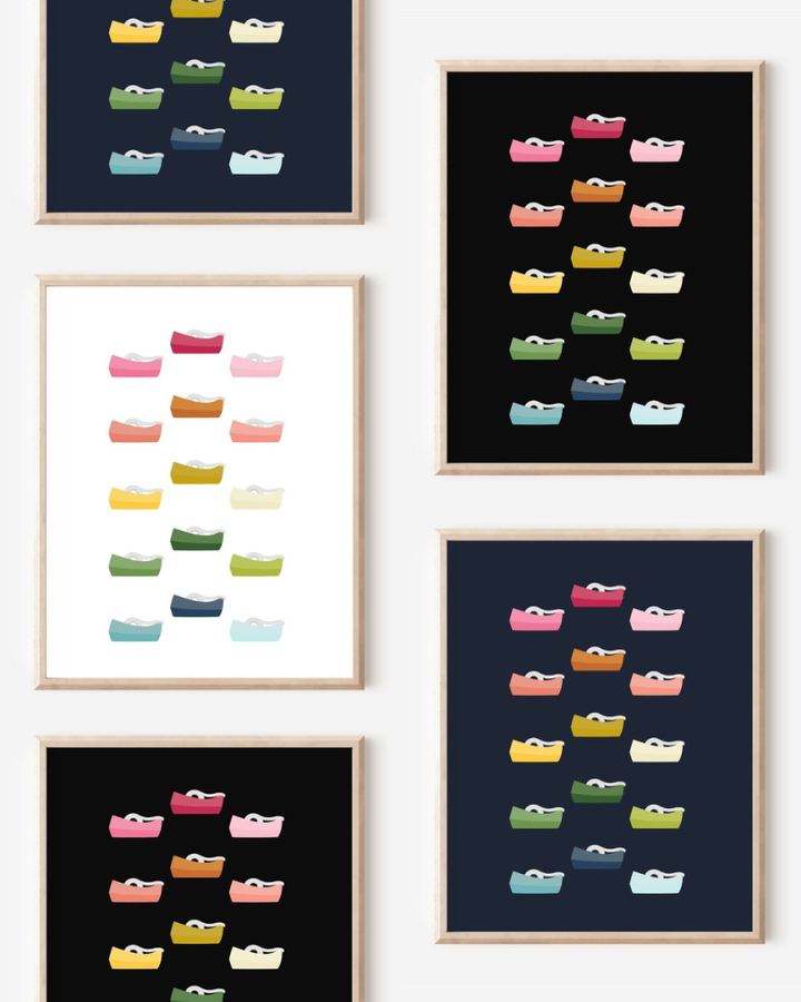 Framed art prints featuring minimalist illustrations of Tape Dispensers in rainbow hues on black, navy blue and white backgrounds.