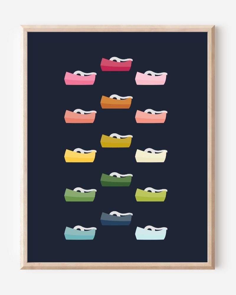 Graphic wall art print featuring colorful tape dispensers in rows on a navy background.