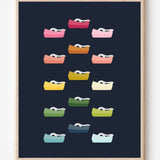Graphic wall art print featuring colorful tape dispensers in rows on a navy background.