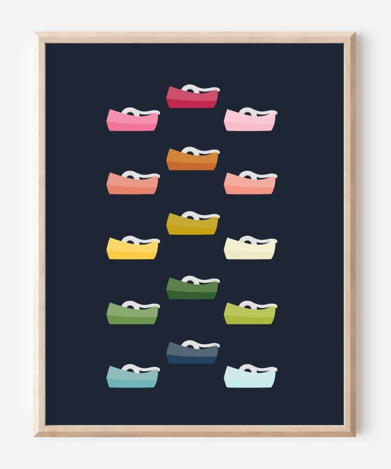Graphic wall art print featuring colorful tape dispensers in rows on a navy background.