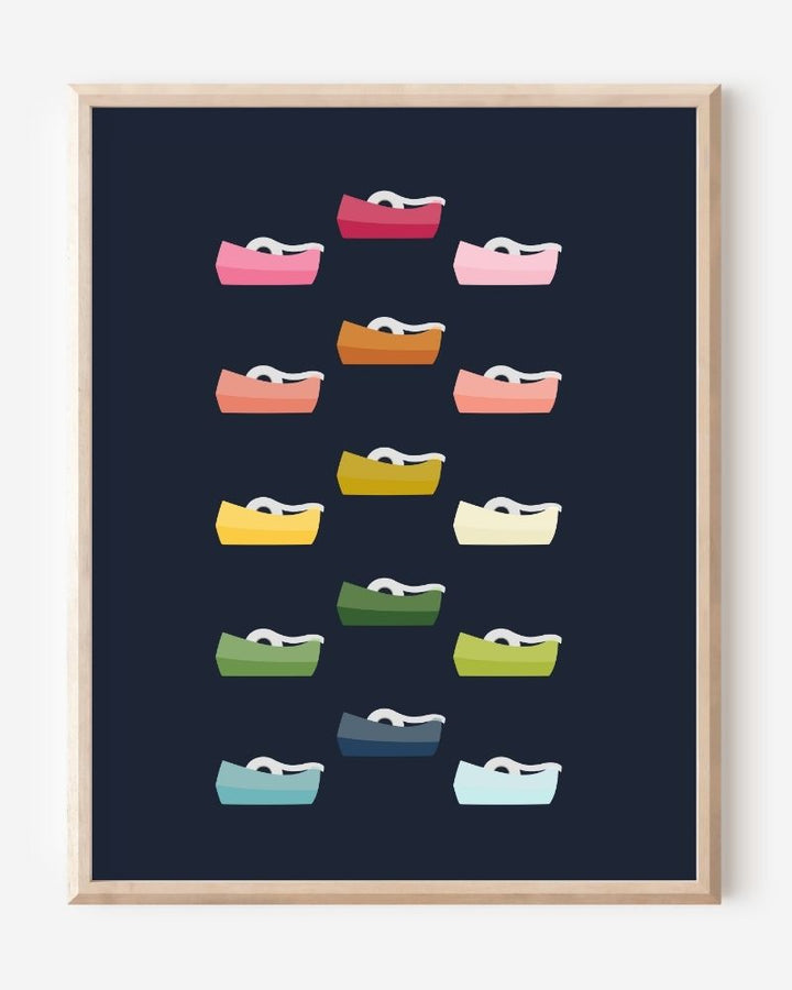 Graphic wall art print featuring colorful tape dispensers in rows on a navy background.