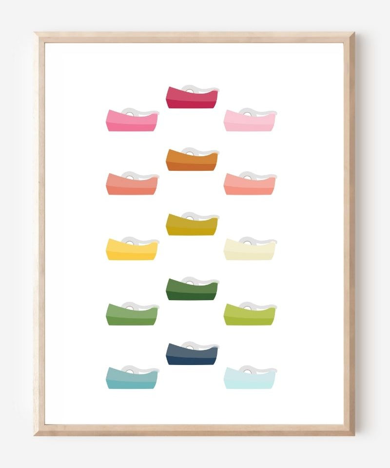 Graphic wall art print featuring colorful tape dispensers in rows on a white background.