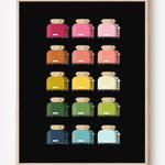 Kitchen art print of toasters in rainbow hues in a grid layout on a black background.