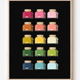 Kitchen art print of toasters in rainbow hues in a grid layout on a black background.