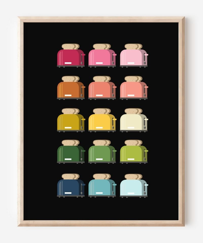 Kitchen art print of toasters in rainbow hues in a grid layout on a black background.