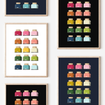 Framed art prints featuring minimalist illustrations of Toasters in rainbow hues on black, navy blue and white backgrounds.