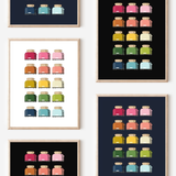 Framed art prints featuring minimalist illustrations of Toasters in rainbow hues on black, navy blue and white backgrounds.