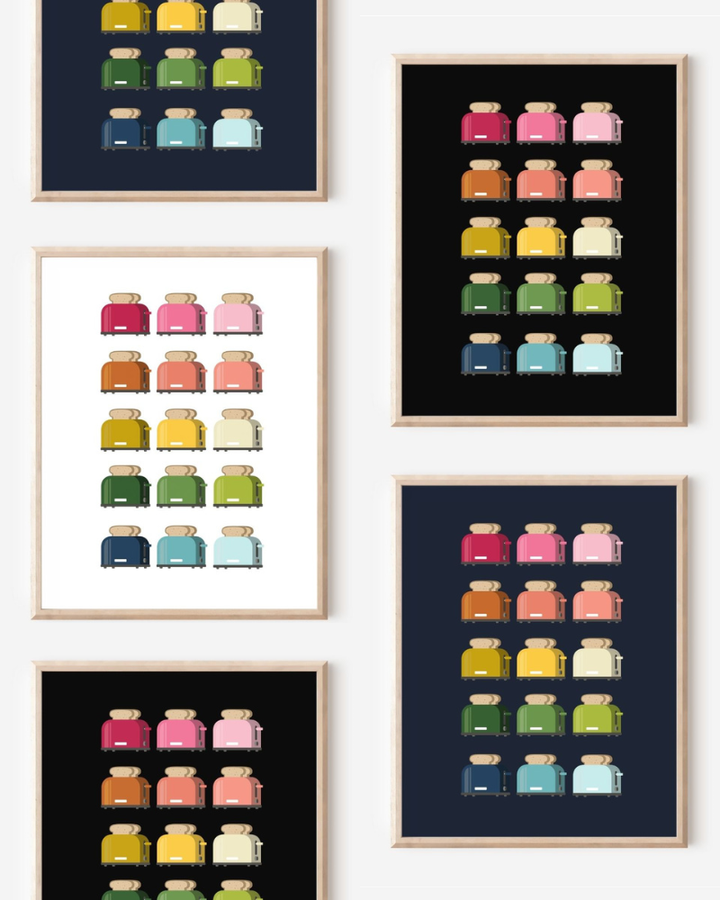 Framed art prints featuring minimalist illustrations of Toasters in rainbow hues on black, navy blue and white backgrounds.
