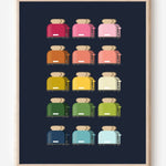 Kitchen art print of toasters in rainbow hues in a grid layout on a navy background.