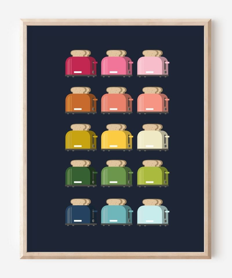 Kitchen art print of toasters in rainbow hues in a grid layout on a navy background.