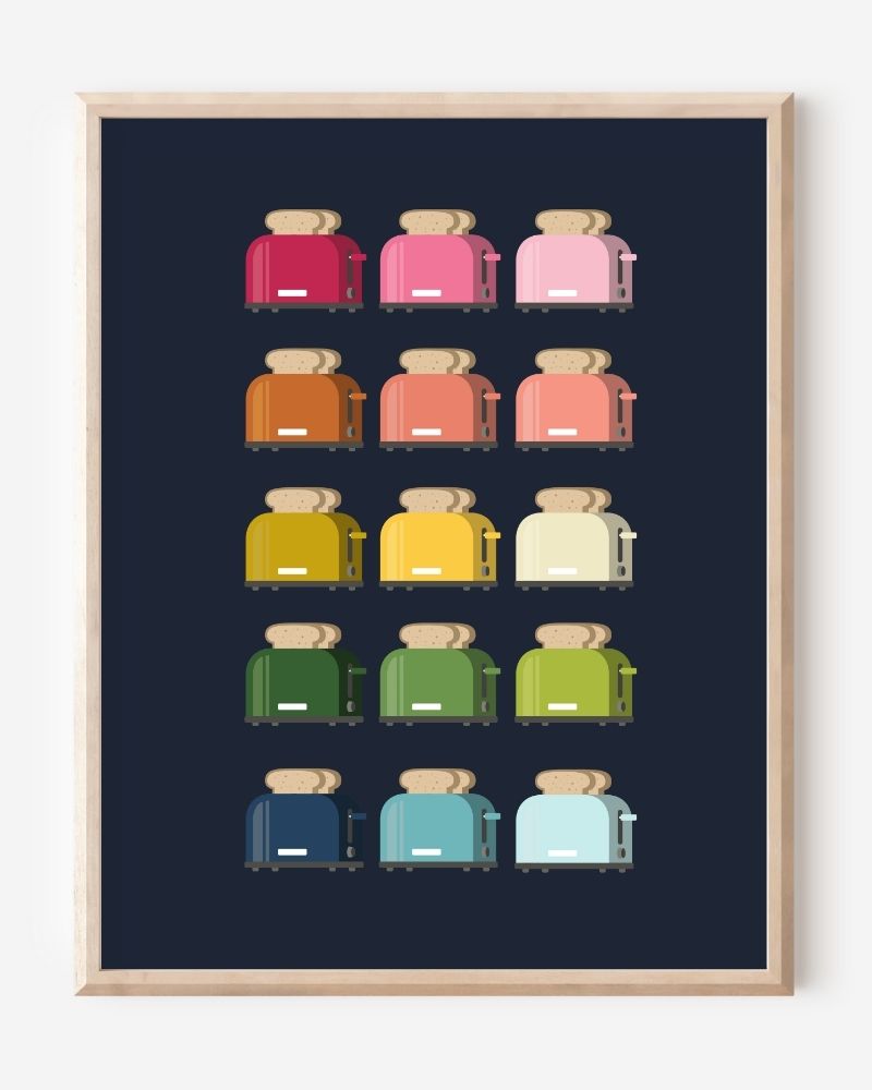 Kitchen art print of toasters in rainbow hues in a grid layout on a navy background.