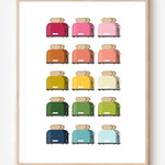 Kitchen art print of toasters in rainbow hues in a grid layout on a white background.