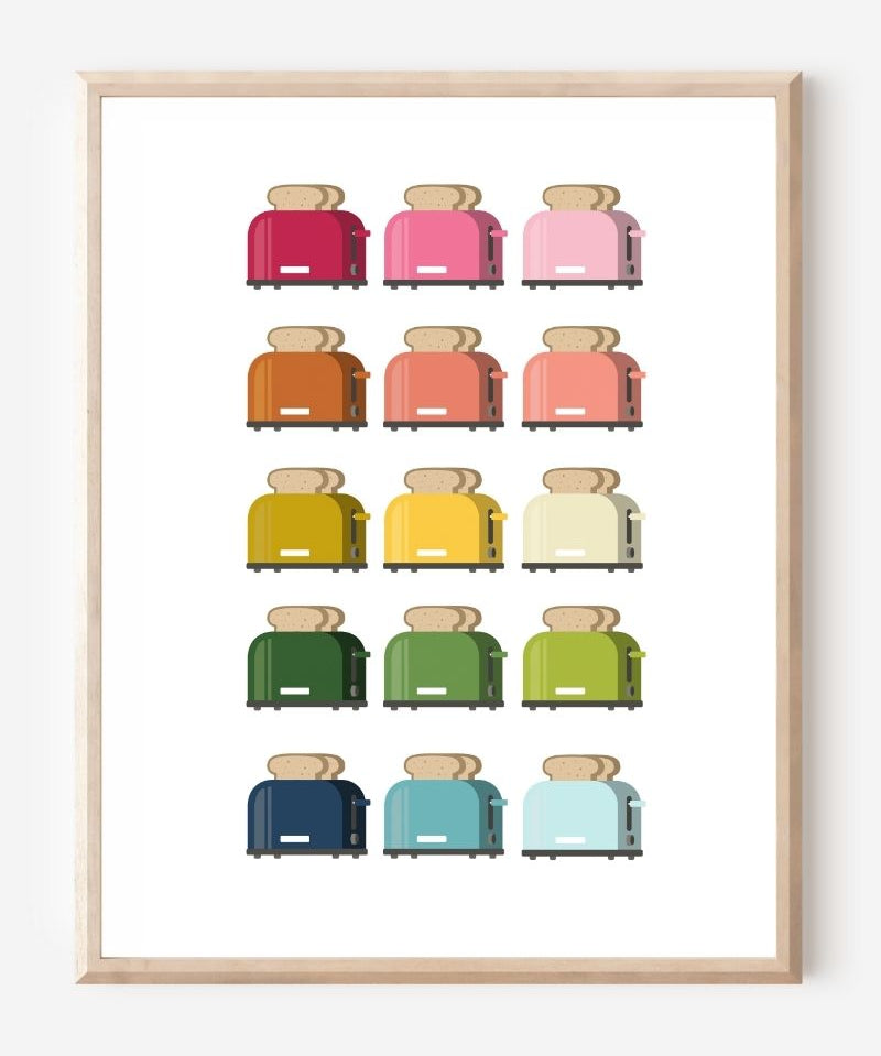 Kitchen art print of toasters in rainbow hues in a grid layout on a white background.