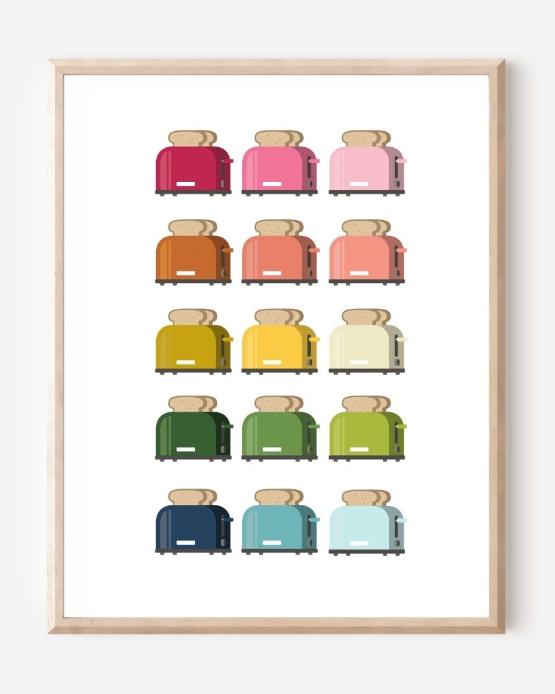 Kitchen art print of toasters in rainbow hues in a grid layout on a white background.