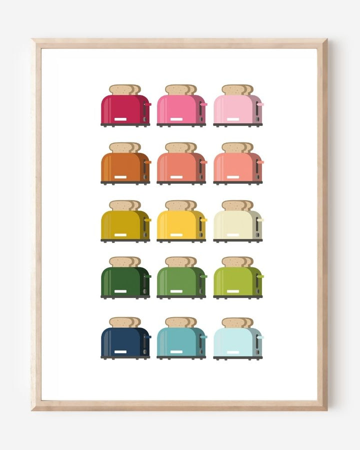 Kitchen art print of toasters in rainbow hues in a grid layout on a white background.