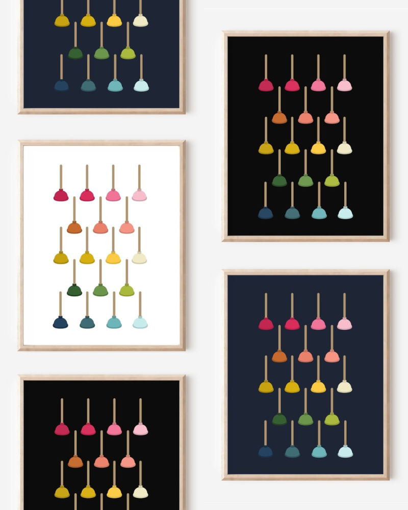 Framed art prints featuring minimalist illustrations of Toilet Plungers in rainbow hues on black, navy blue and white backgrounds.