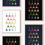 Framed art prints featuring minimalist illustrations of Toilet Plungers in rainbow hues on black, navy blue and white backgrounds.