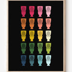 Bathroom wall art print of toilets in rainbow hues arranged in a modern grid on black background.
