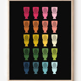 Bathroom wall art print of toilets in rainbow hues arranged in a modern grid on black background.