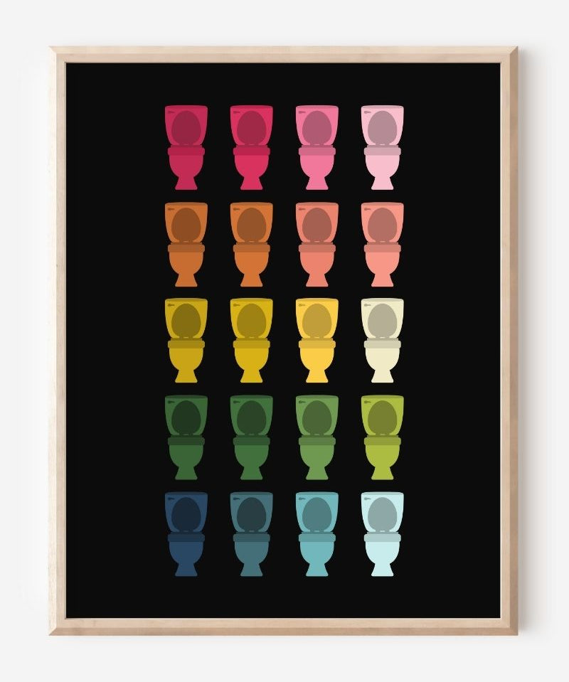 Bathroom wall art print of toilets in rainbow hues arranged in a modern grid on black background.