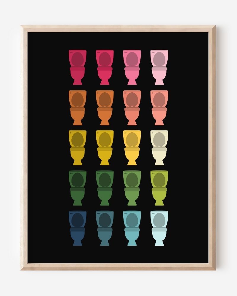 Bathroom wall art print of toilets in rainbow hues arranged in a modern grid on black background.