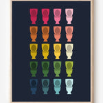 Bathroom wall art print of toilets in rainbow hues arranged in a modern grid on navy background.