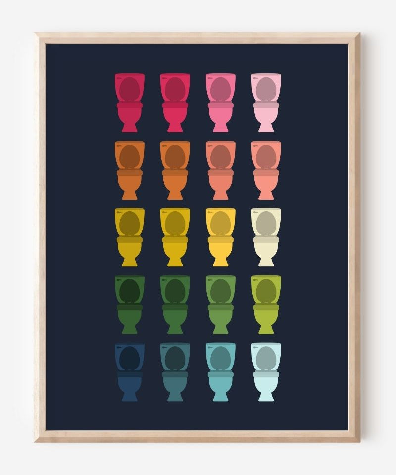 Bathroom wall art print of toilets in rainbow hues arranged in a modern grid on navy background.