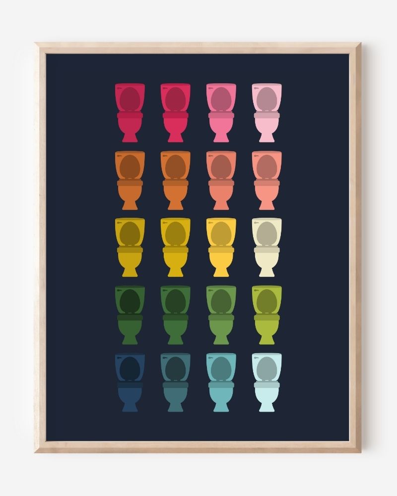 Bathroom wall art print of toilets in rainbow hues arranged in a modern grid on navy background.