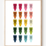 Bathroom wall art print of toilets in rainbow hues arranged in a modern grid on white background.