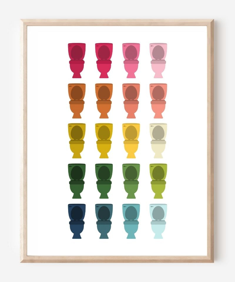 Bathroom wall art print of toilets in rainbow hues arranged in a modern grid on white background.
