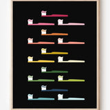 Modern bathroom art print of toothbrushes in rainbow colors arranged in rows on black background.