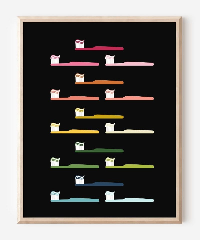 Modern bathroom art print of toothbrushes in rainbow colors arranged in rows on black background.