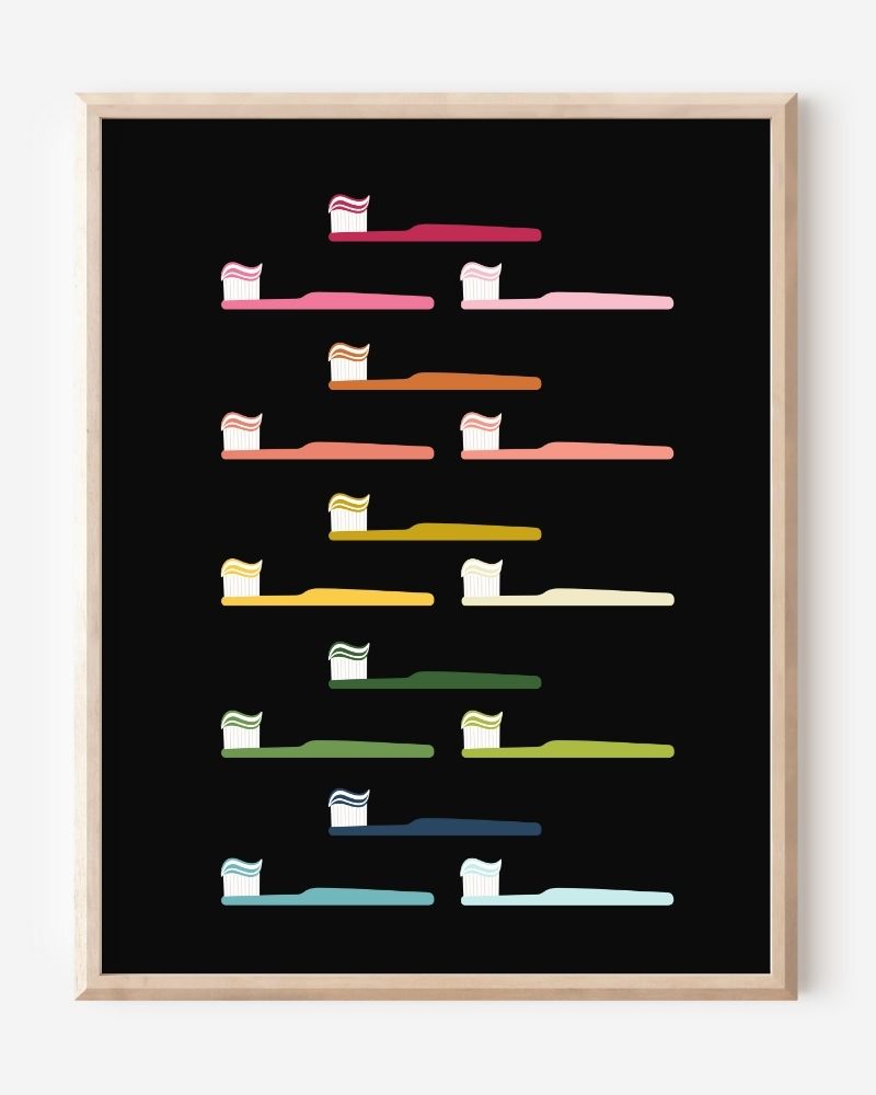 Modern bathroom art print of toothbrushes in rainbow colors arranged in rows on black background.