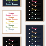 Framed art prints featuring minimalist illustrations of Toothbrushes in rainbow hues on black, navy blue and white backgrounds.