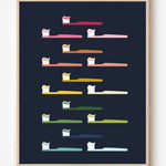 Modern bathroom art print of toothbrushes in rainbow colors arranged in rows on navy background.